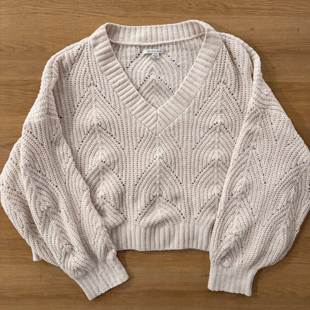 American Eagle Outfitters Cream Textured Balloon Sleeve Sweater Women's Large